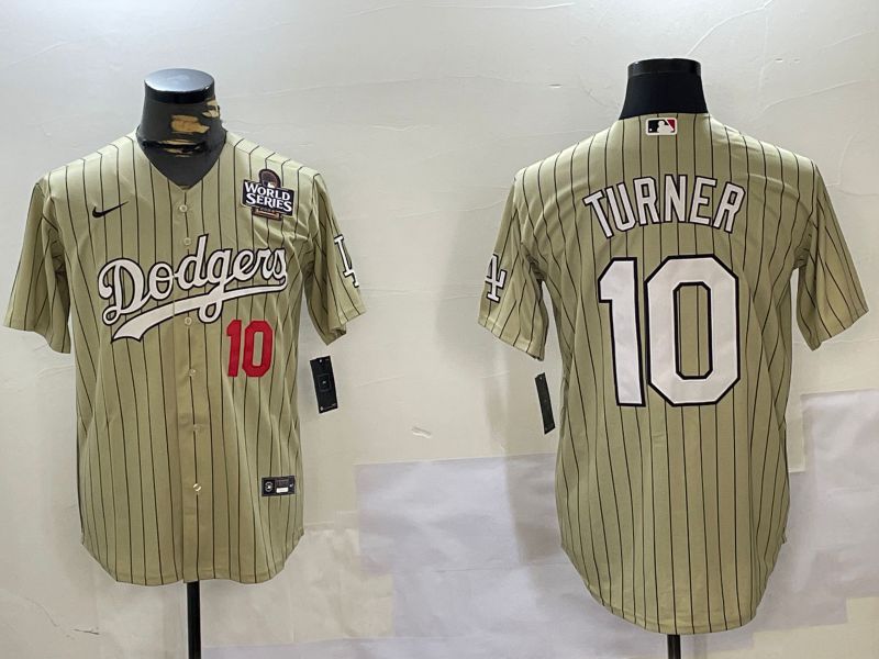 Men Los Angeles Dodgers #10 Turner Green Stripe Game 2024 Nike MLB Jersey style 2